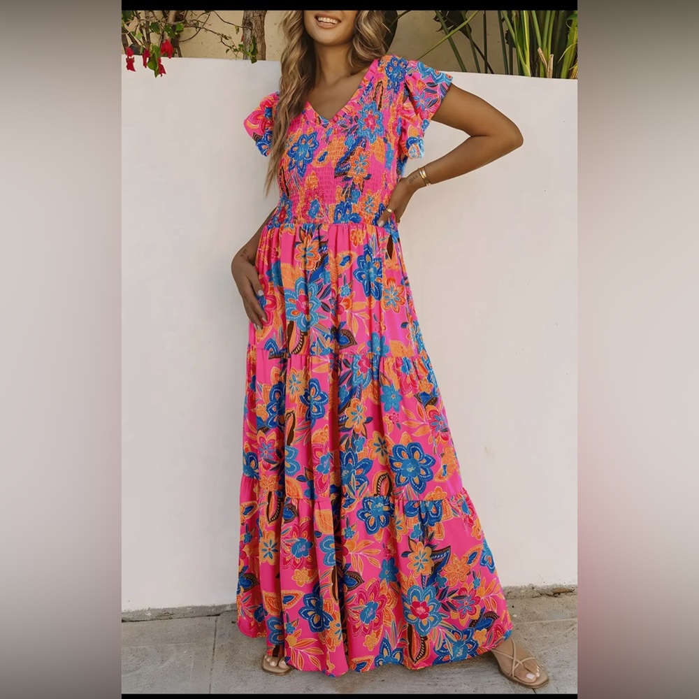 Floral Maxi Dress Capped Sleeve with gathered bodice